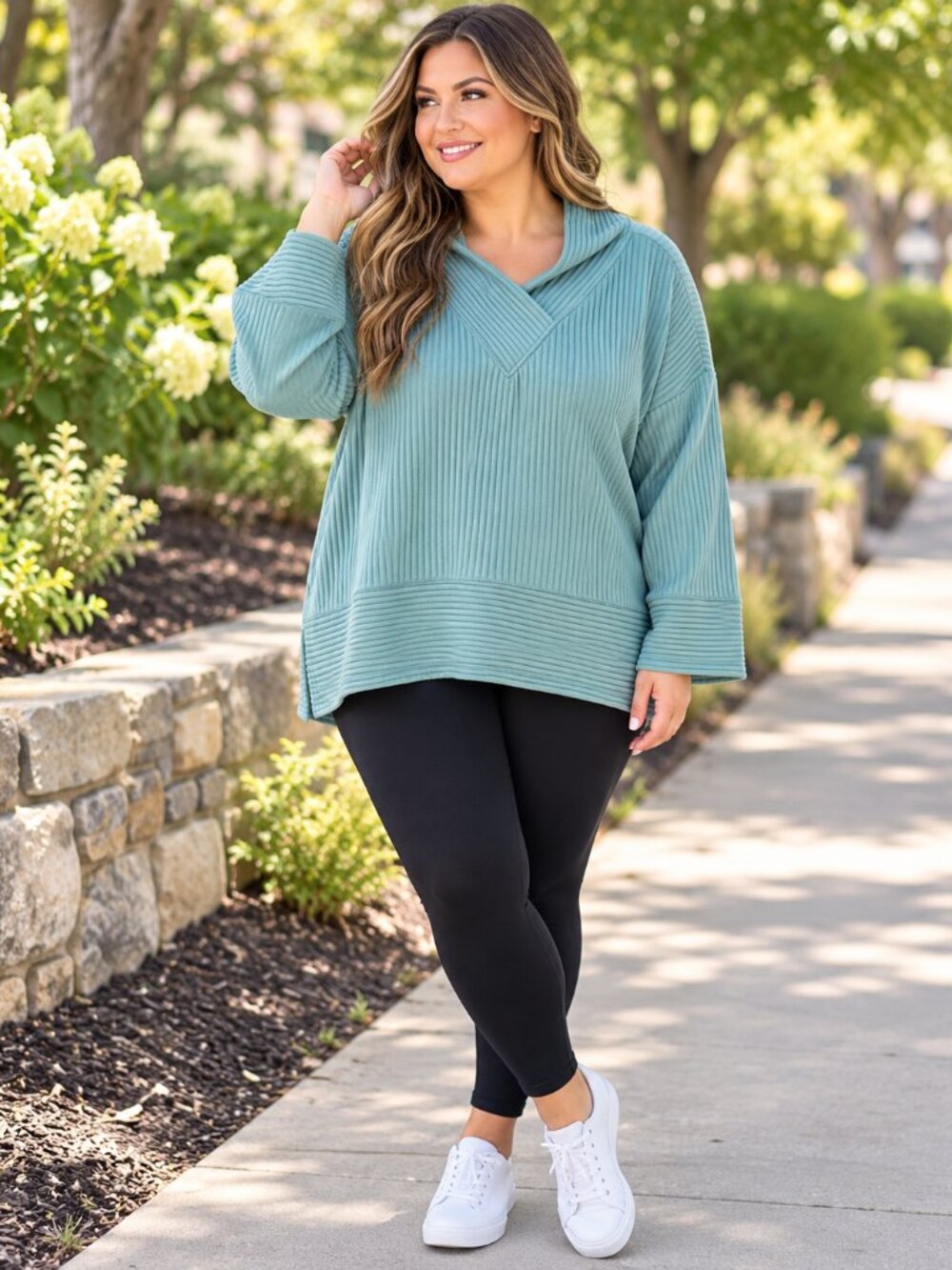 Tahari Sport Ribbed Hooded Sweater